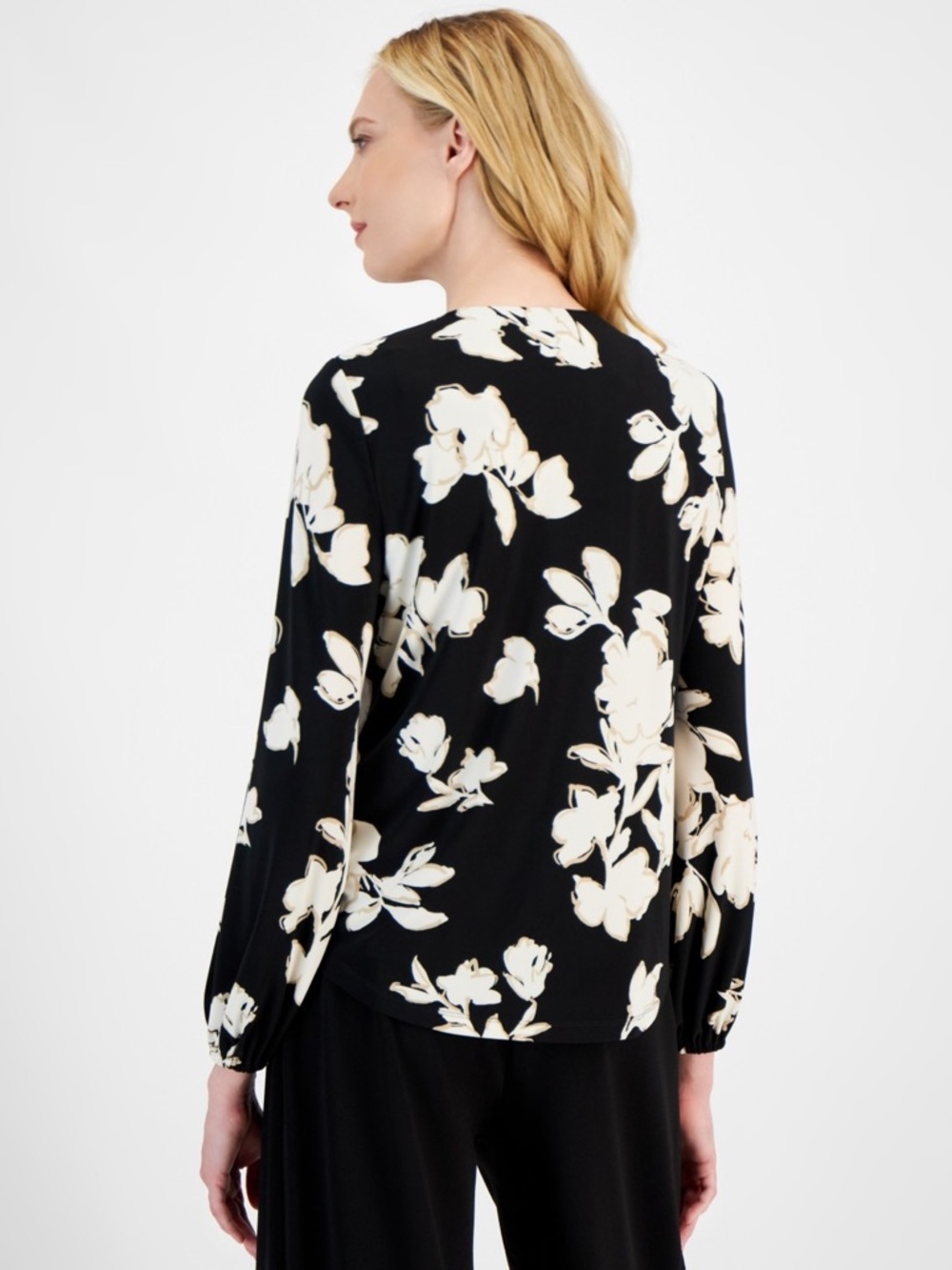 Anne Klein Tie-Front Split-Neck Blouse Black Multi Floral Size M NWT - Picture 6 of 6